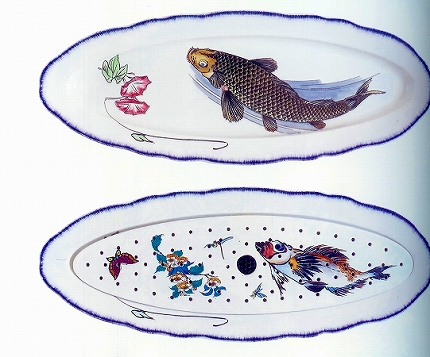 セルヴィス・ルソー 「水切り付楕円形皿　鯉に朝顔図」.jpg